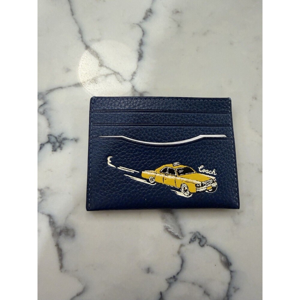 Coach Men’s Navy Leather Card Holder Wallet Taxi Cab Graphic Rare New